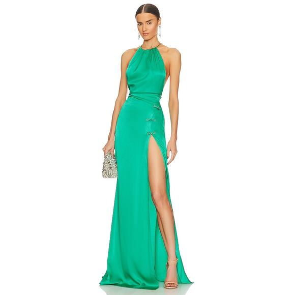Revolve Sau Lee Porter Backless Gown Halter Slit Maxi Dress Jade Green Size 0 US - Picture 1 of 15